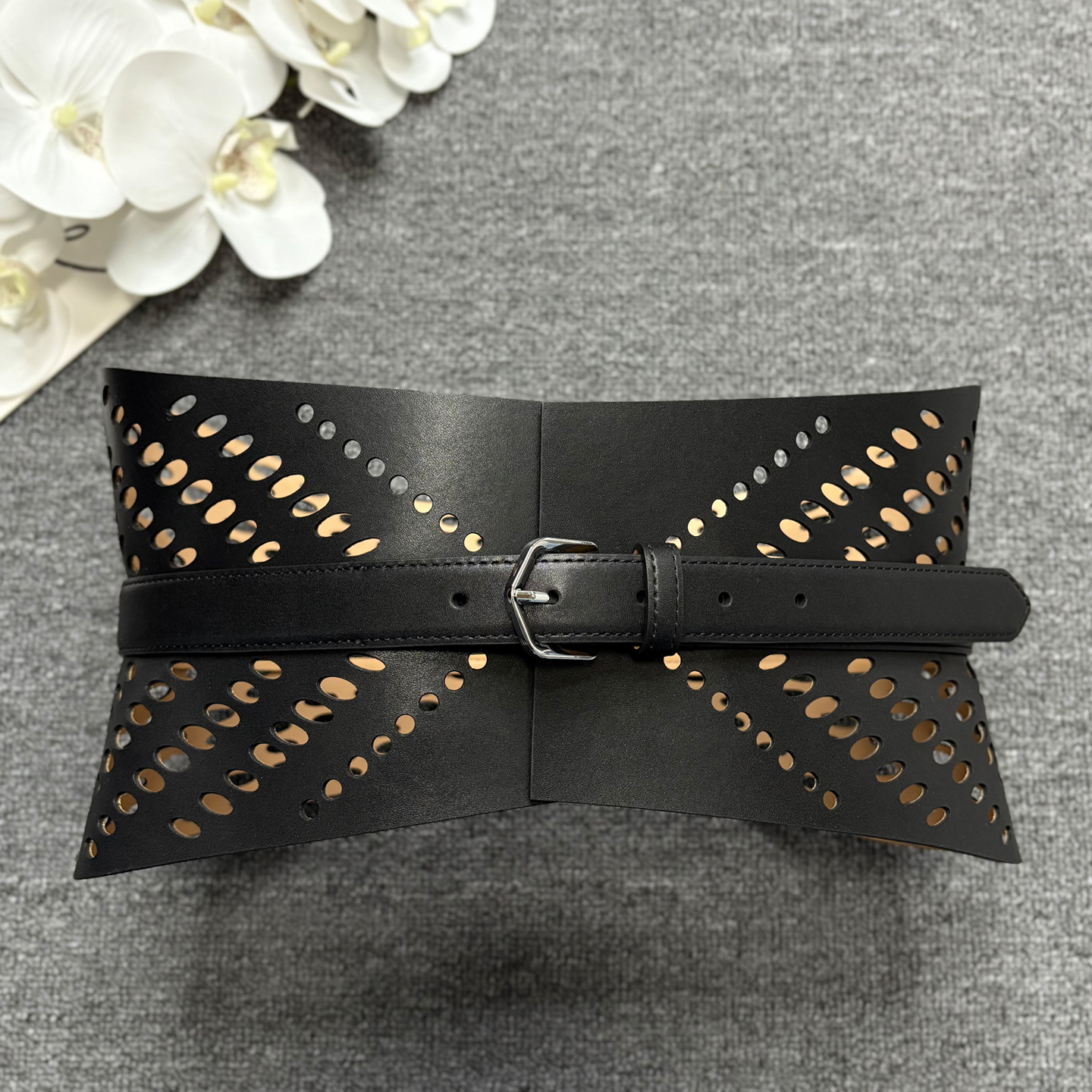Cinturón de cuero ahuecado Punk rock para mujer, hebilla de metal pesado negro, pretina con diseño de cinturón ultraancho