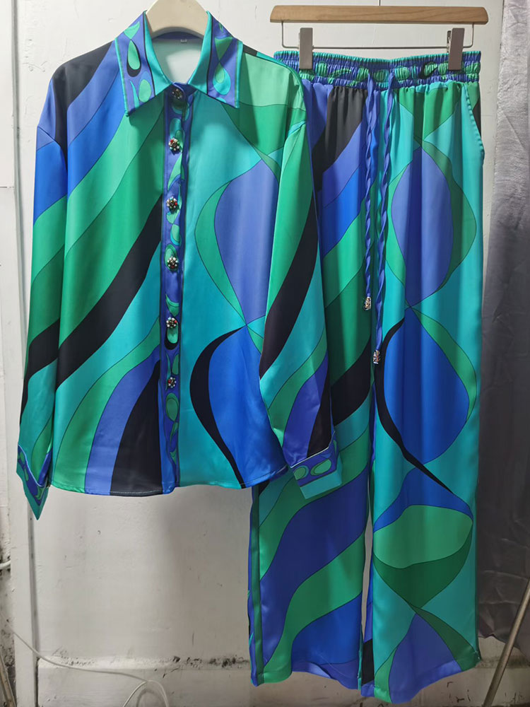 Zweiteiliges Damen-Outfit mit abstraktem Druck, Hemd und Hose mit weitem Bein, elegante, langärmlige Bluse mit Revers und elastischer Taille, passende Hose