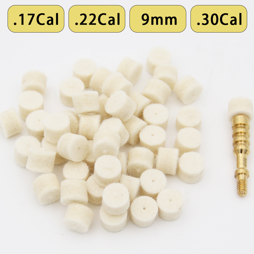 Almohadillas de fieltro para limpieza de cámara de pistola, 100 Uds., con 1 adaptador de ajuste de varilla para pellets de limpieza específicos de calibre.17/.22/.38/.30Cal