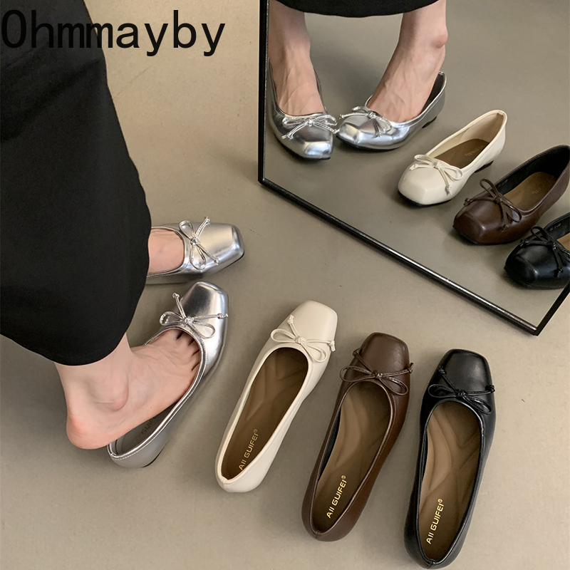 Wiosenne nowe damskie mieszkania okrągłe Toe płytkie wsuwane damskie buty baletowe na co dzień miękkie skórzane eleganckie buty wizytowe