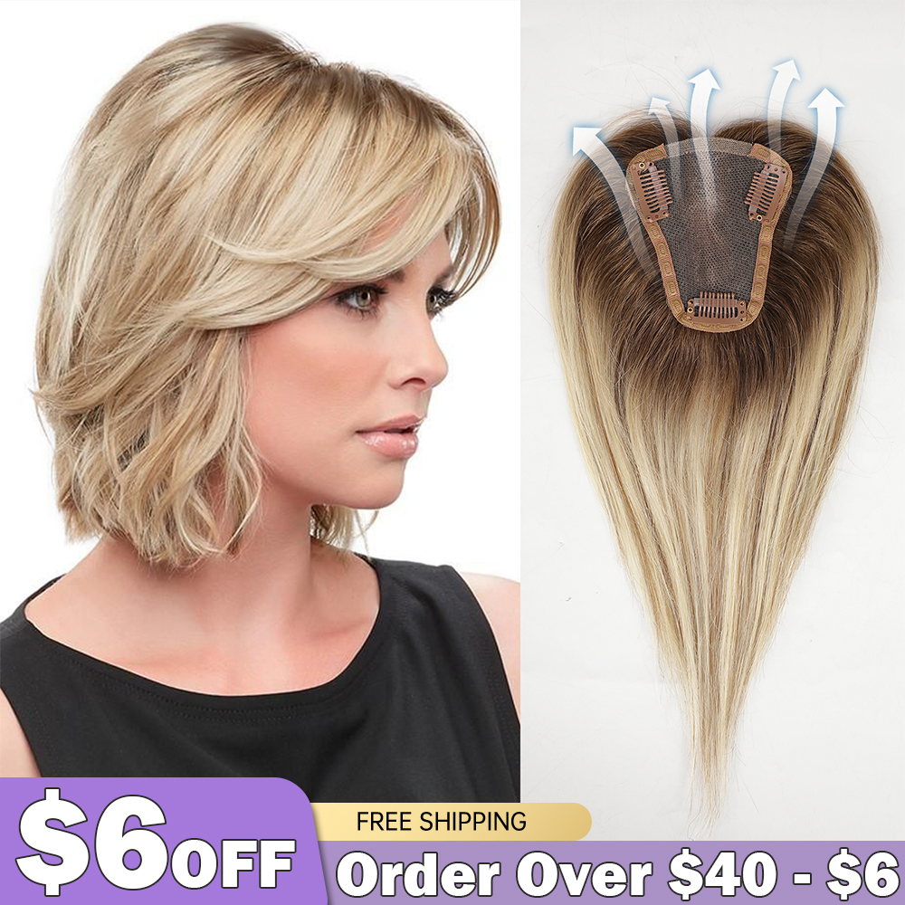 100% Remy Human Hair Toppers Middle Part Ombre Light Brown Golden Human Hair Pieces dla kobiet z przerzedzającymi się włosami Clip in Toppers