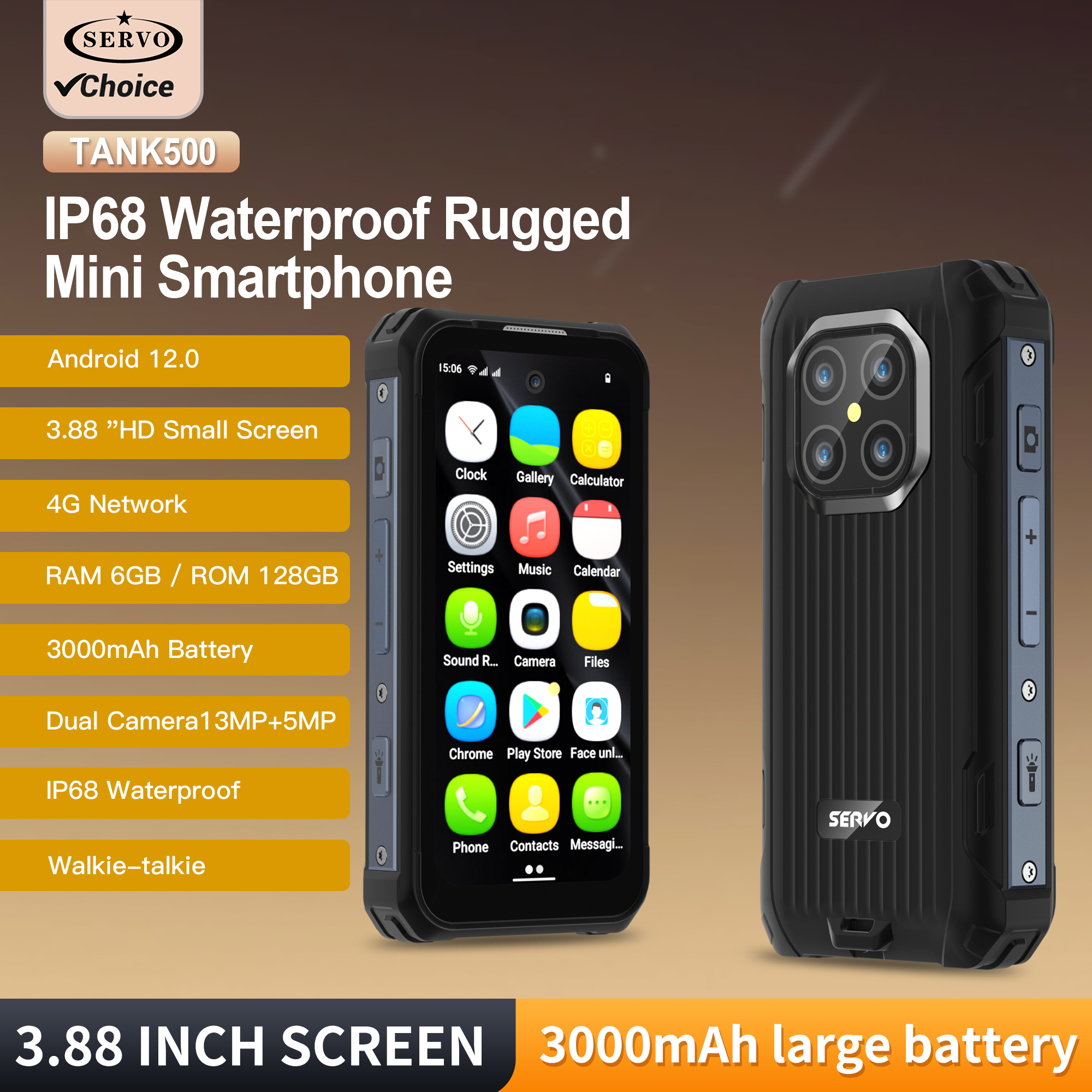 SERVO TANK500 4G PTT Smartphone Android 12 6 + 128GB Cámara Dual 5MP + 13MP Pantalla de 3,88 "IP68 Impermeable Teléfono móvil resistente 3000mAh