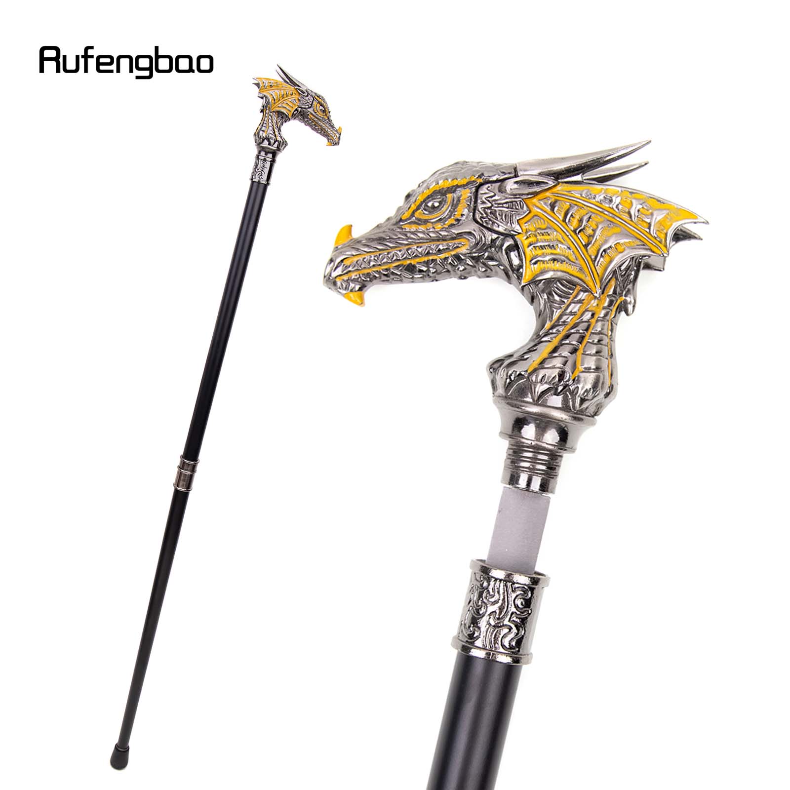 Goud Zwart Luxe Dragon Hoofd Wandelstok Met Verborgen Plaat Zelfverdediging Mode Riet Plaat Cosplay Crosier Stok 93Cm