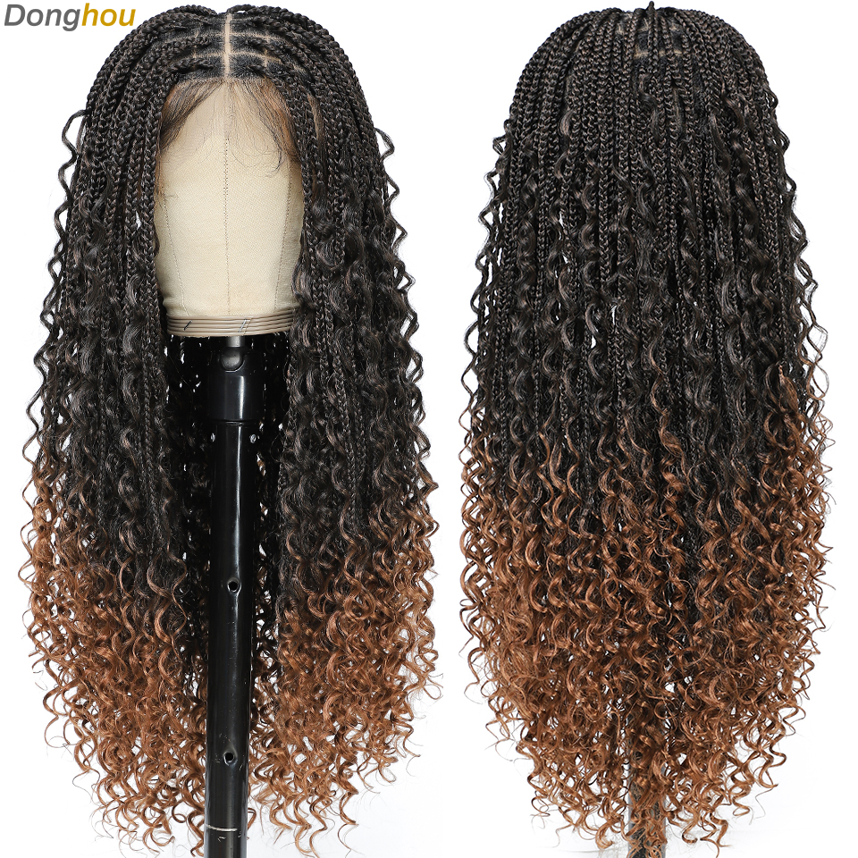 Парик Boho Goddess Box Braid Wig с детскими волосами, кружевные передние плетеные парики для женщин, каштановые волосы, синтетические смешанные косы, парик, вьющиеся волосы