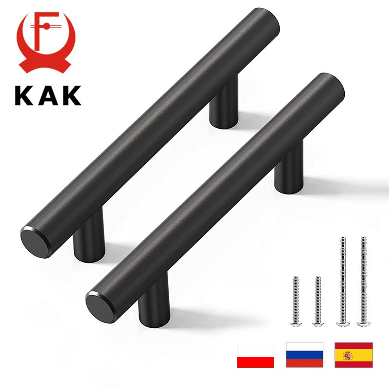 KAK 20szt Szczotkowane złoto Uchwyt kuchenny Stal nierdzewna T Bar Door Pull 76mm 96mm Gałki i uchwyty do szafek Czarny uchwyt meblowy