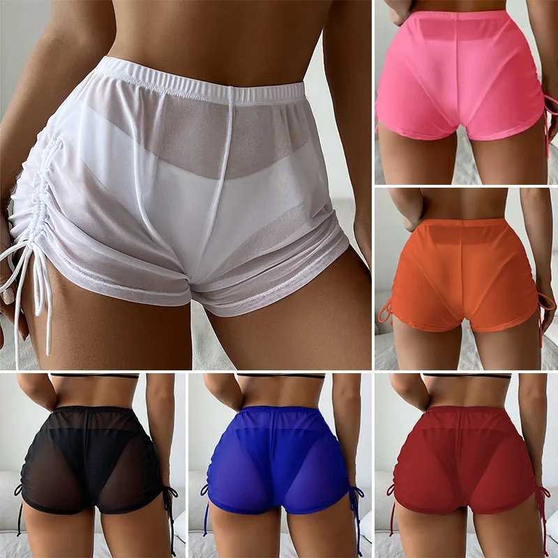Short d'été Transparent avec cordon de serrage, couverture latérale, taille haute, pantalon court de plage, maillot de bain pour femmes, Short en maille