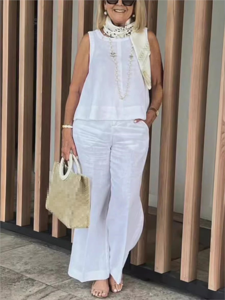 Conjuntos Para Mujeres, 2 Piezas, conjunto de Ropa de algodón y lino, Top holgado sin mangas, pantalones de pierna ancha, conjunto de dos piezas, ropa informal