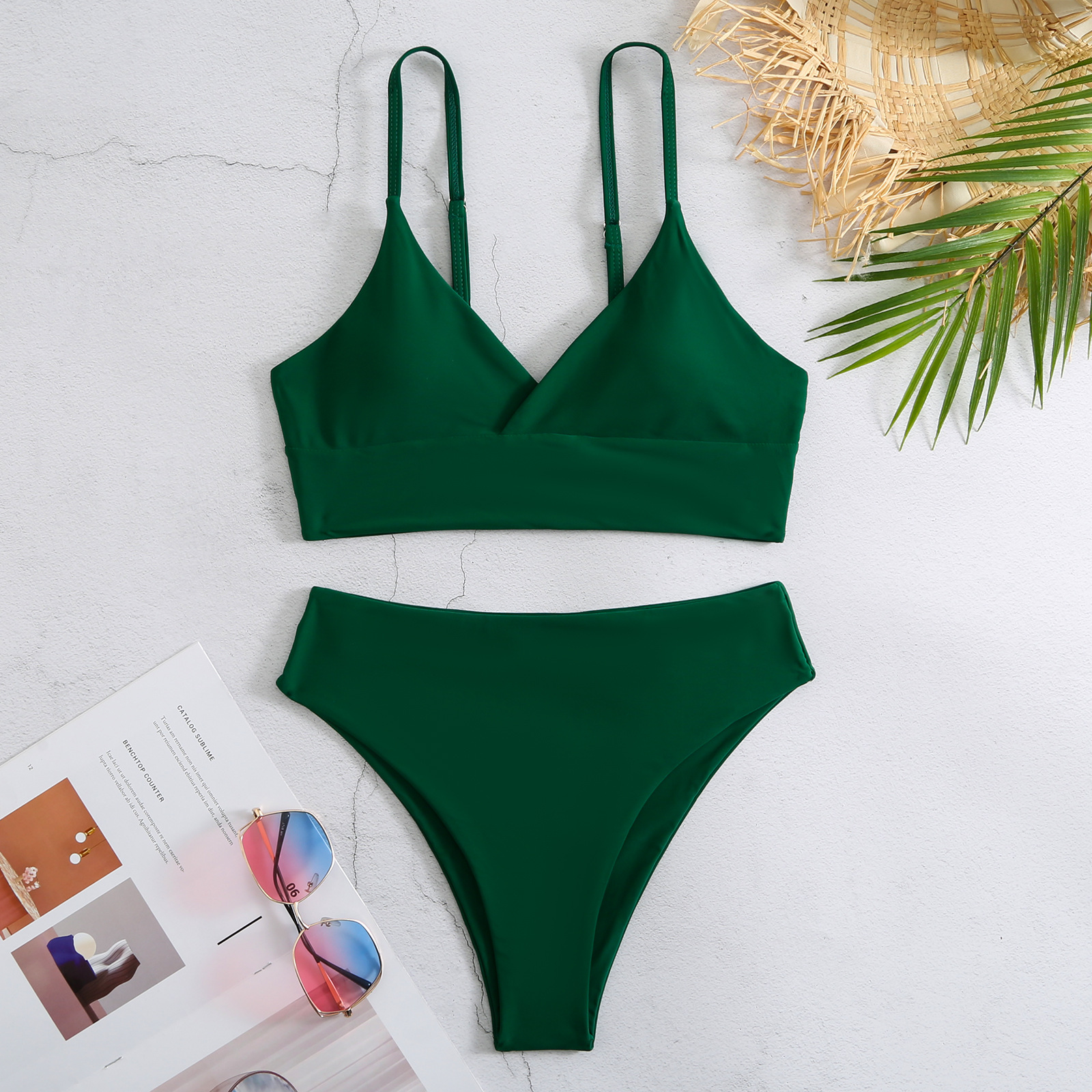 Bikinis de cintura alta para mujer, traje de baño liso con tirantes, traje de baño acolchado para mujer, bañadores, ropa de playa 2023