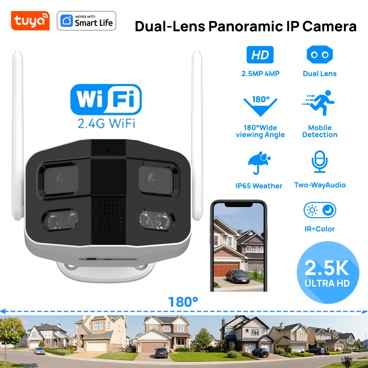 Tuya Smart 4MP 2.5K Lente dual Grande ancho 180 ° Cámara de seguridad, cámara exterior, con visión nocturna en color/sirena/cámara IP de conversación bidireccional