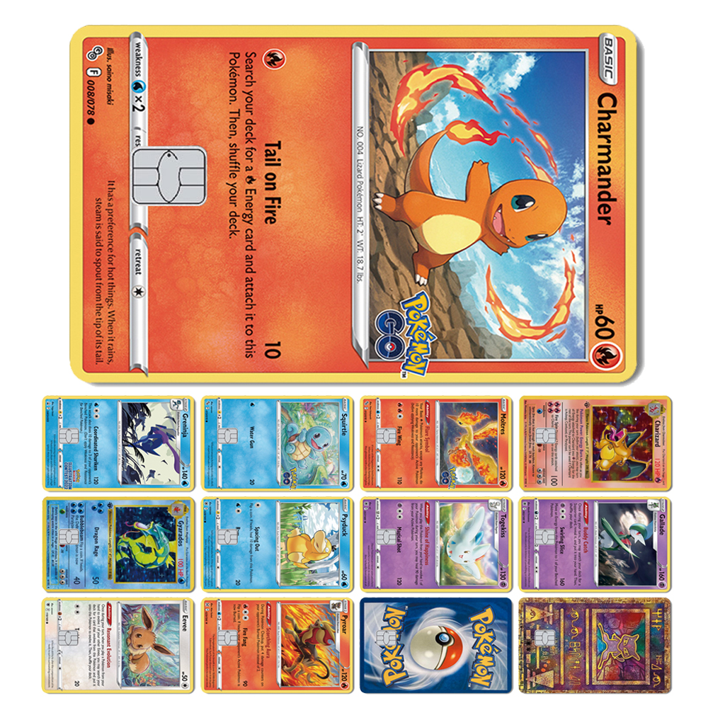 Magic Shark Pokemon Card, Pikachu, Charizard, Mewtwo, película frontal, cubierta de piel, pegatina para tarjeta de crédito y débito, No se decolora