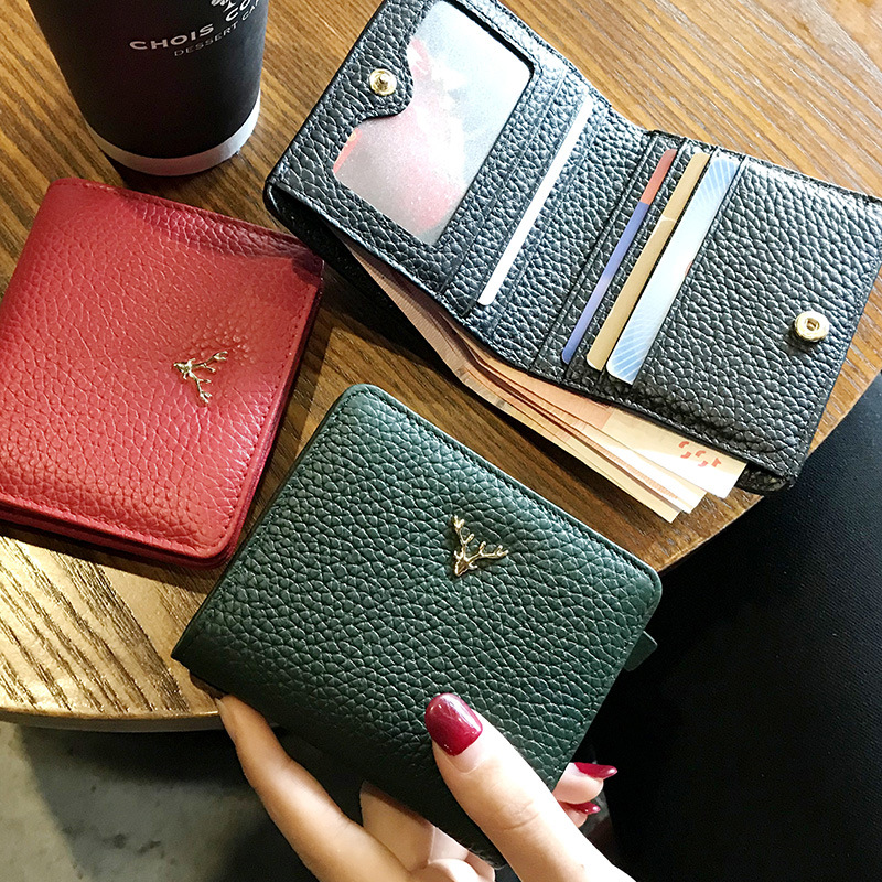 Pequena bolsa de moedas de couro para mulheres, carteira curta fina, chique botão de cervos de Natal, titular do cartão de couro genuíno, senhoras