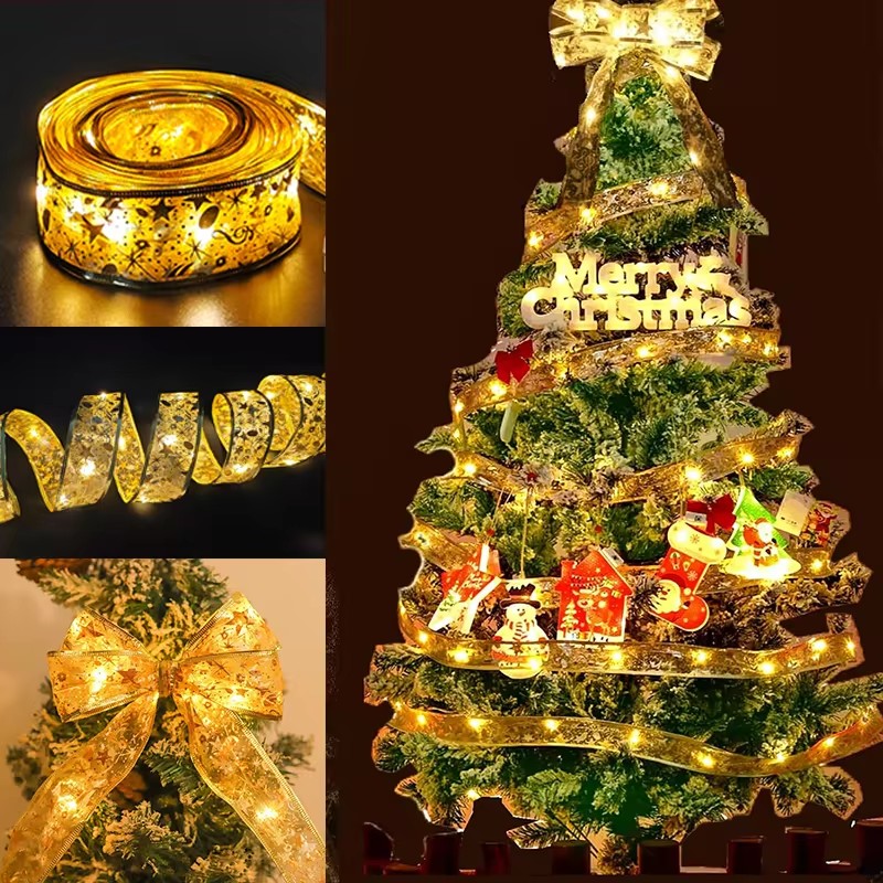 Cinta de luz de hadas para decoración navideña, lazos artesanales, adornos de árbol de luz para el hogar, Año Nuevo, 2024