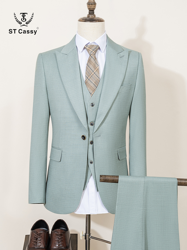 ST Cassy Летняя тонкая версия Мужской костюм Зеленый Slim Fit Формальные деловые офисные мужские костюмы (куртка + жилет + брюки)