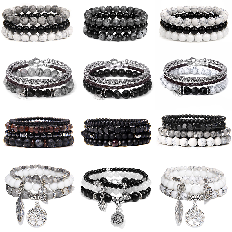 Ensemble de Bracelets en pierre pour hommes, multicouches, perles en bois volcanique noir, élastique, Viking, Hip-Hop, Punk, bijoux