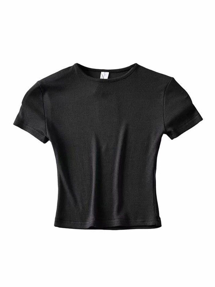 ファッションカジュアル 2022 夏の女性スリムフィット tシャツタイトな綿半袖 O ネック tシャツクロップトップス