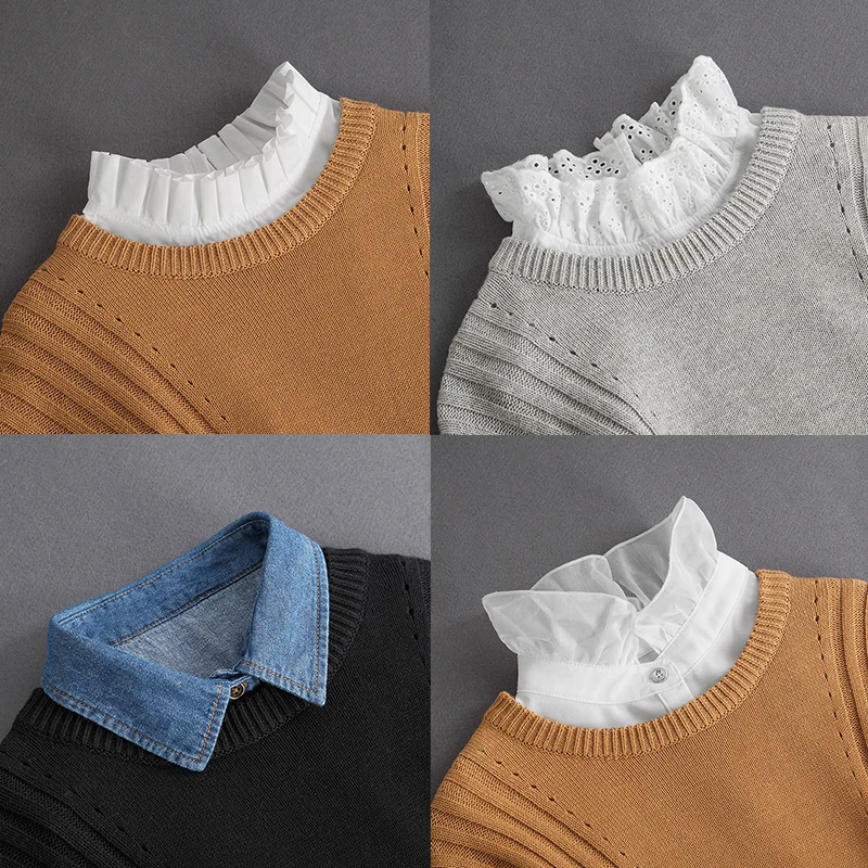 Novas mulheres de renda branca gola falsa camisa vintage gola destacável gravata frontal masculina lapela blusa superior camisola algodão coleiras falsas