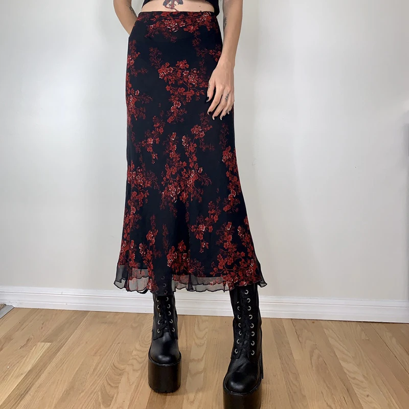 Combhasaki-faldas largas de cintura alta con volantes para mujer, faldas largas con estampado Floral Retro Vintage, cintura elástica, estilo callejero, Y2K