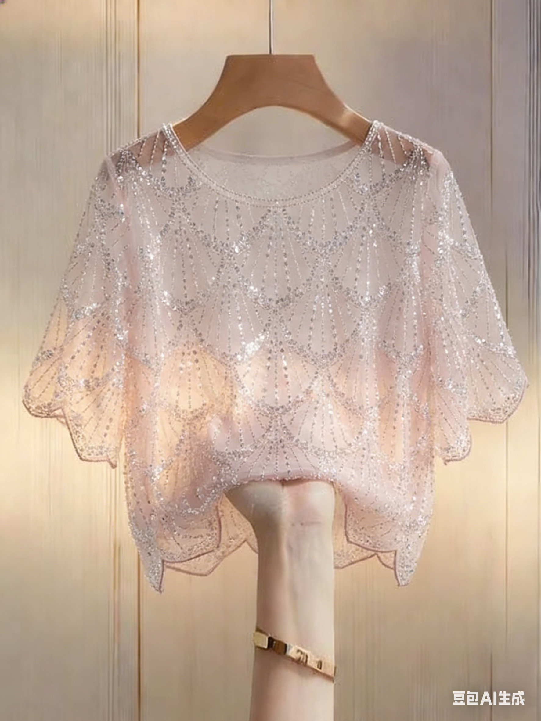 Elegante Top Semitrasparente con Perle Fatte a Mano per Donna - Camicia Casual alla Moda Rosa Brillante a Maniche Corte