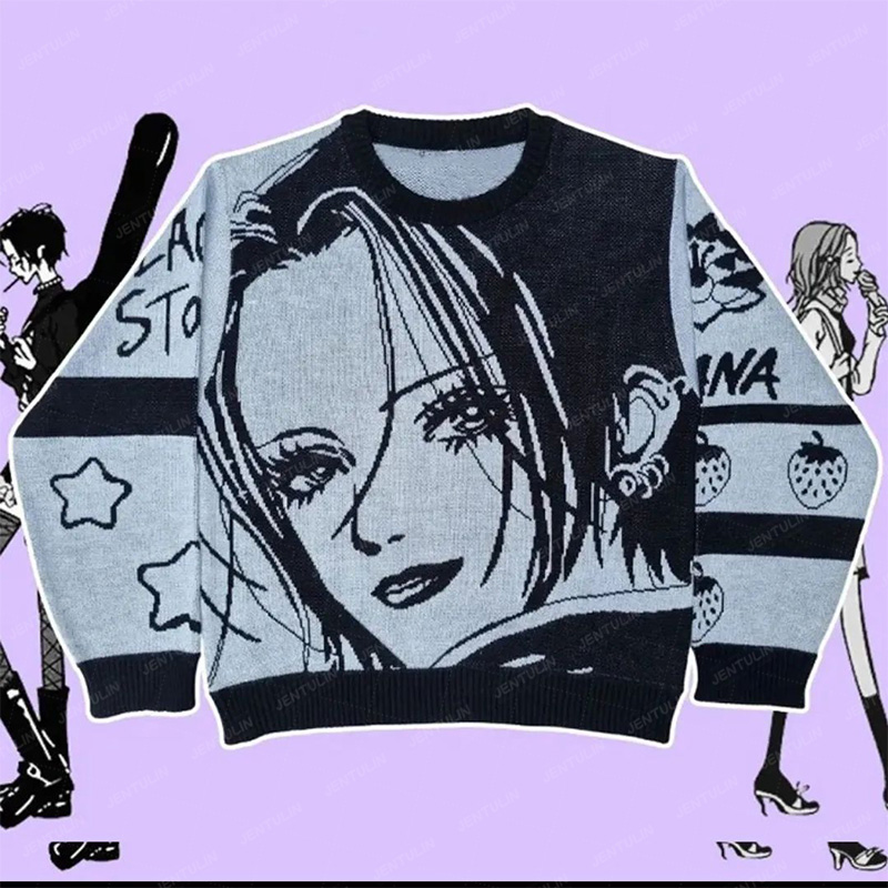 Y2K Harajuku Cartoon Girl wzór sweter japońskie anime damski luźny sweter z długim rękawem Goth Retro 2000s sweter bluza