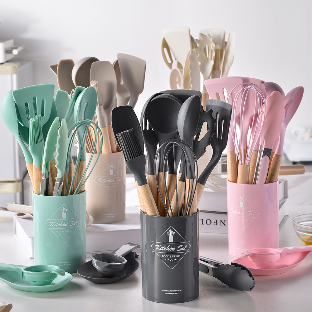 Utensilios de cocina de silicona de grado alimenticio, espátula giratoria, cuchara medidora, herramienta práctica, juego de utensilios de cocina, 12 piezas