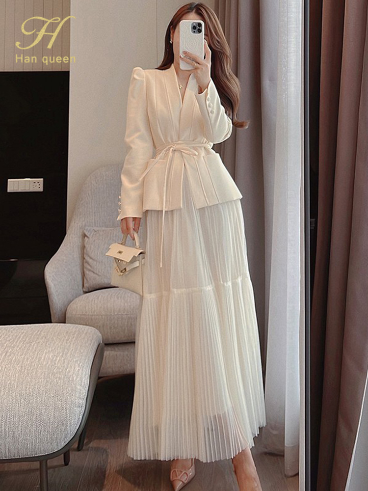 H Han Queen ฤดูใบไม้ร่วงใหม่ชุดกระโปรงผู้หญิงเกาหลี LACE-Up แฟชั่น Blazer + กระโปรงตาข่ายยาวชุดราตรีชุด 2 ชิ้น