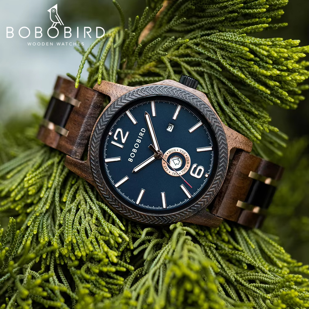 Wooden  Men's Watches BOBOBIRD New Fashion Japanese Movement Quartz Wristwatch Week Date Display Custom Name Brand Great Gift