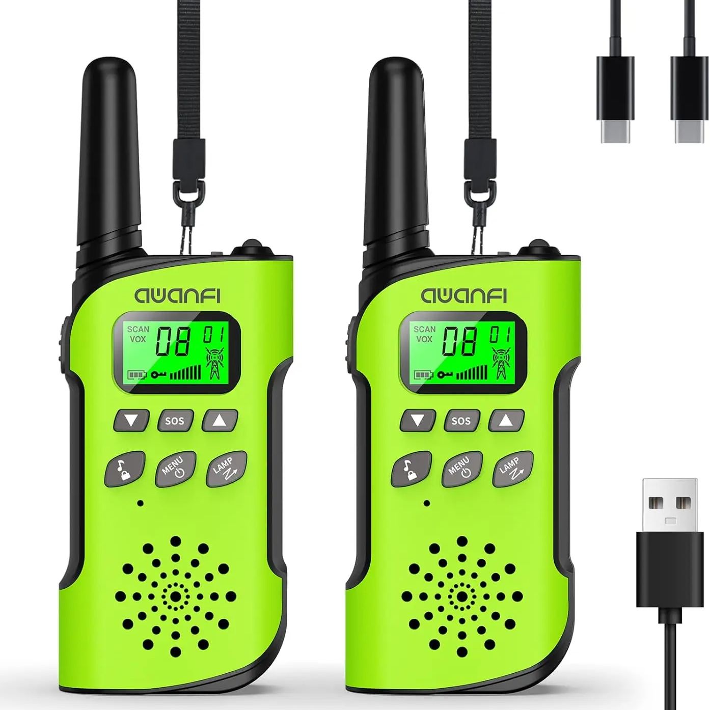 AWANFI Walkie Talkie 2er-Pack, wiederaufladbar Walky Talky mit Li-Ionen-Akku, Funkset, als Geschenk/Camping/Abenteuer