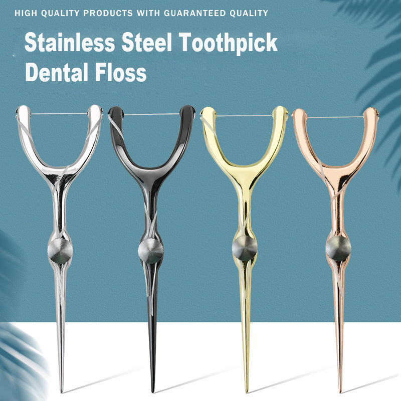 Hilo Dental reemplazable de acero inoxidable, soporte para hilo dental en forma de Y, palillo de dientes reutilizable, hilo Dental portátil, palillos para dientes