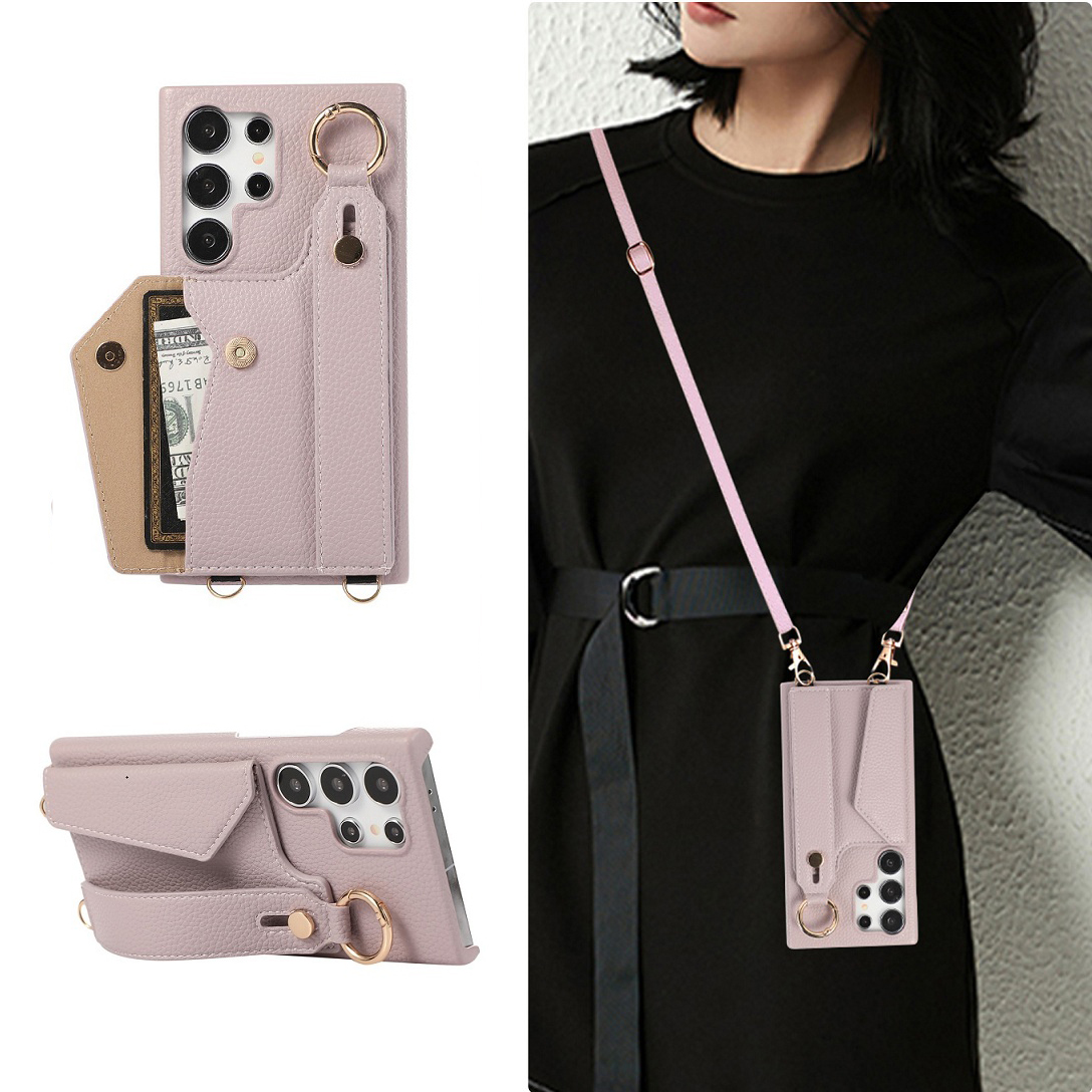 Custodia a tracolla di lusso in pelle con slot per carte e portafoglio per Samsung Galaxy S25 S26 Ultra S24 FE S23 Plus S22, con cinturino da mano