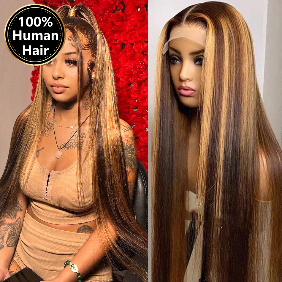 Wig Rambut Asli Remy Highlight 13x6 Straight HD Lace Frontal Wig 13x4 Ombre Berwarna Transparan Full Lace Front Pre Plucked
