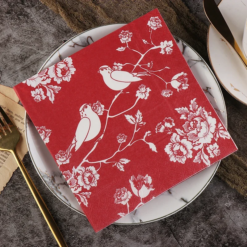 Red Chinese Style Colourful Napkin Printed Paper Napkin Wedding Hotel Pure Wood Pulp Paper 20pcs/pac Magpie 2-ply 33cm Foodgrade