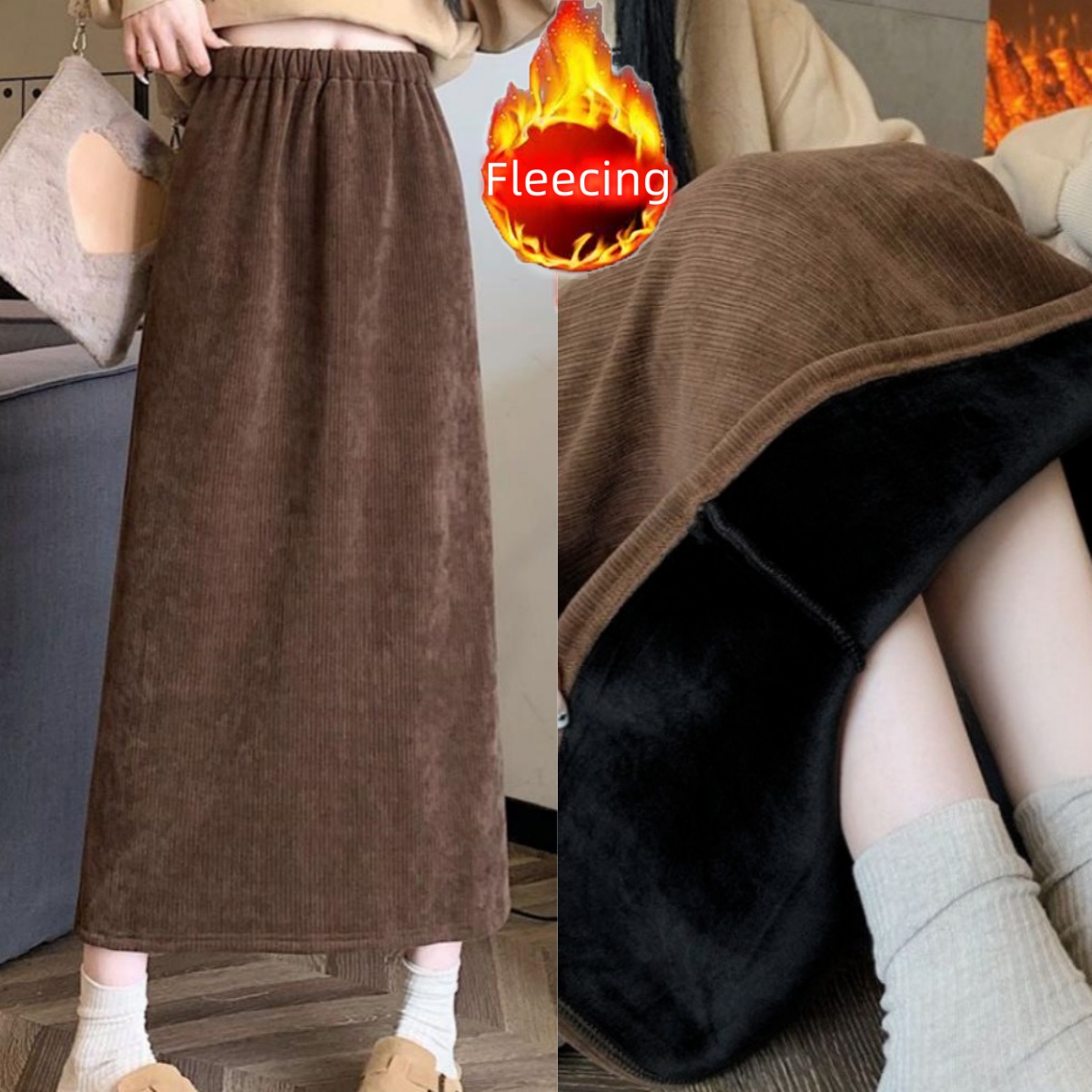 Vintage Elegant Office Lady's A-Line กระโปรงกลับยืดหยุ่นเอวหนากระโปรงผู้หญิงใหม่ในฤดูหนาวขนแกะหญิงกระโปรง