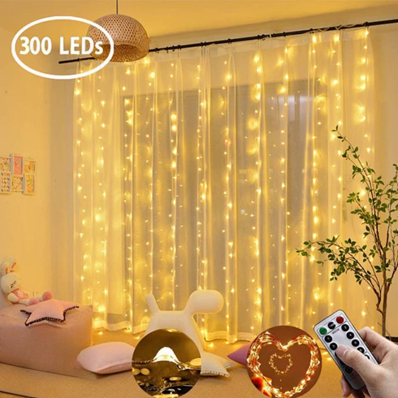 Luces LED de Cortina con Alimentación USB y Control Remoto, Decoraciones Navideñas para el Hogar, Bodas, Cumpleaños, Dormitorios y Fiestas