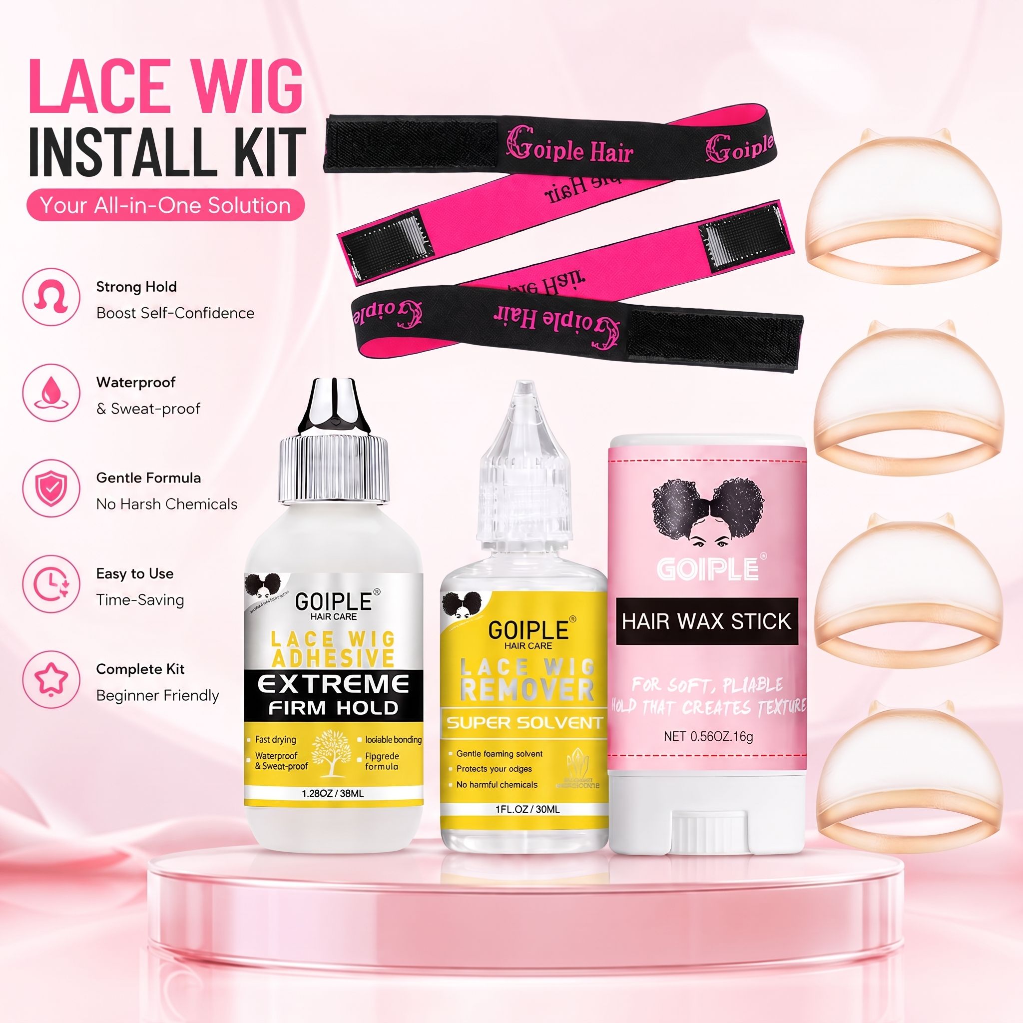 Kit de Instalação de Perucas: Cola Impermeável para Perucas de Renda, Adesivo Invisível de Fixação Forte, Removedor de Adesivo para Perucas, Bastão de Cera para Cabelo, Controle de Bordas, Faixa Elástica – Kit Completo para Instalação de Perucas, Ideal pa