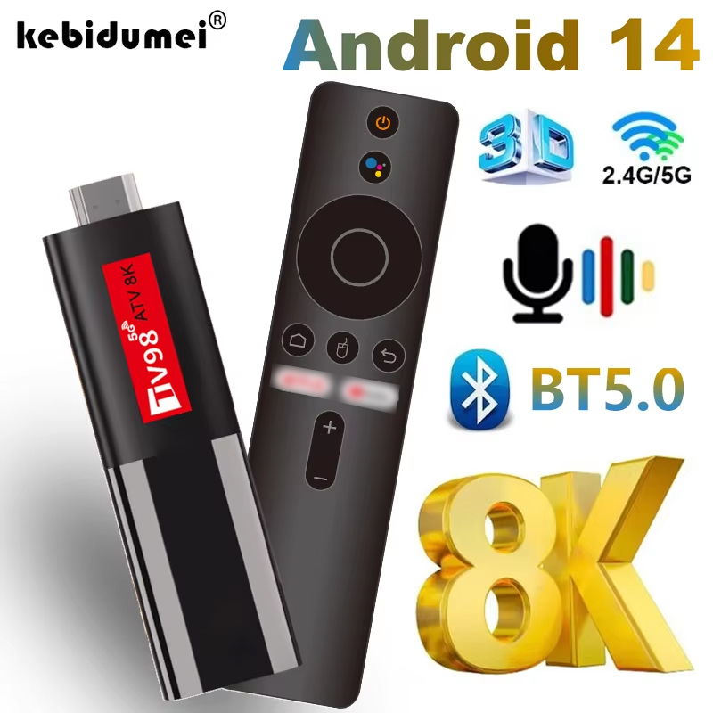 Android 14 ATV Smart TV Stick Поддержка 8K Видео 4K BT5.0 WiFi 6 Allwinner H618 Четырехъядерный процессор Cortex A53 Голосовой пульт дистанционного управления Smart TV Box