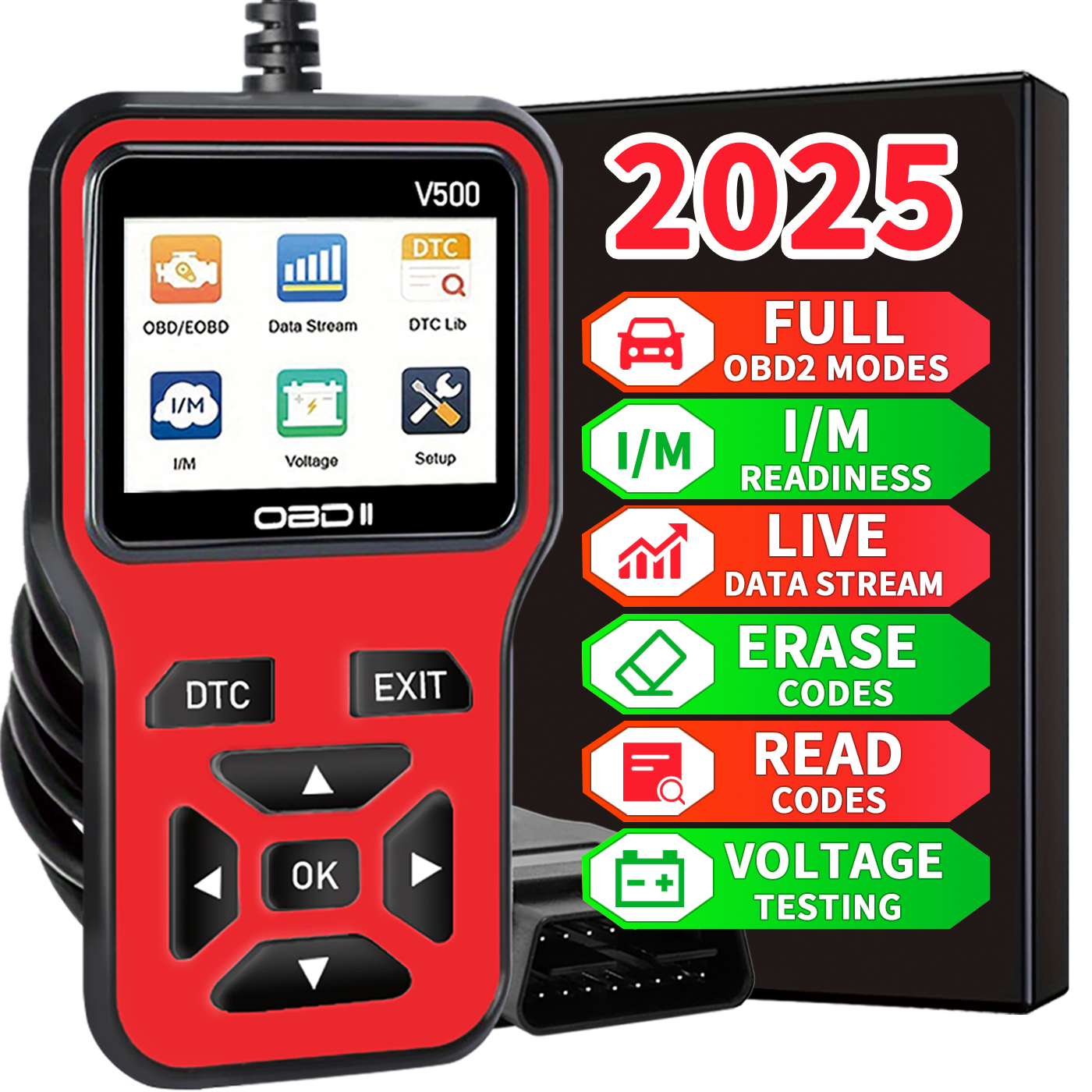 2025年最新 OBD2 スキャナー診断ツール - データストリーム、I/M レディネス、電圧テスト、消去機能付きの完全なエンジンコードリーダー、OBD 電源、1996年以降のすべての車両に対応