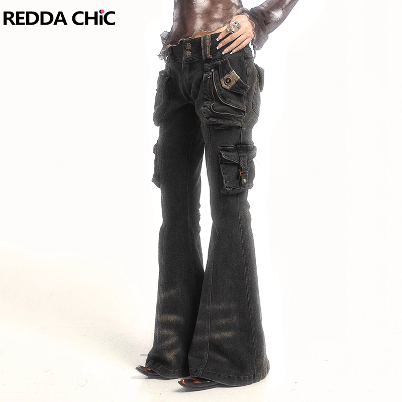 REDDACHiC Dual-Button Low Rise Women Cargo Pants Grunge Zipper Decor Pockets Do Old Whiskers Flare Jeans Grayu Y2k Streetwear