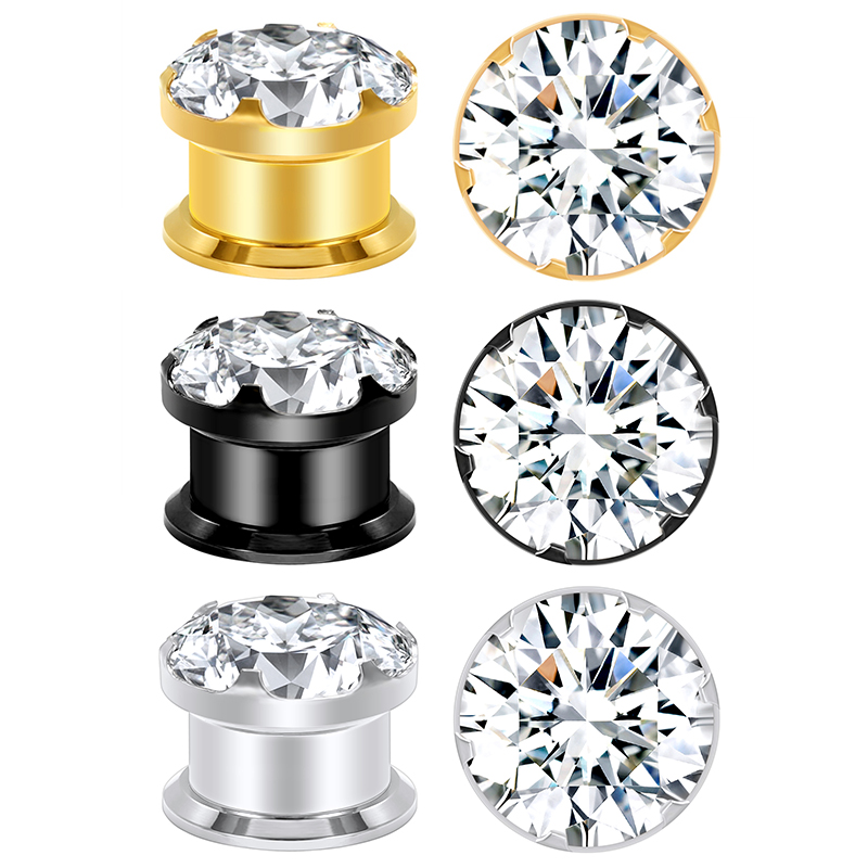 AOEDEJ 1คู่สแตนเลสหูปลั๊กอุโมงค์ Zirconia Ear Expander Stretcher สีดำคริสตัลหูฟัง Body Piercing เครื่องประดับ