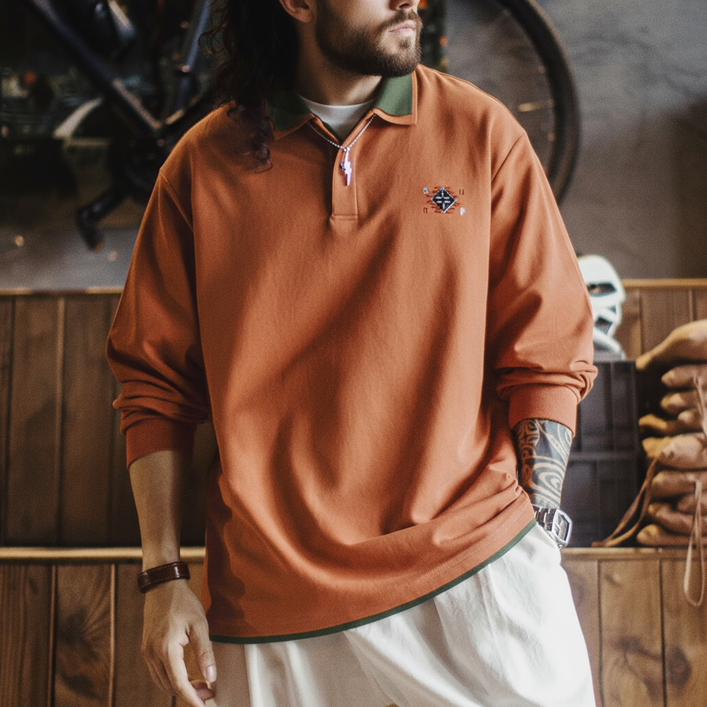 Maden Heren Vintage Navajo Geborduurd Poloshirt Contrast Gebreid Sweatshirt Loose Fit Lange Mouw Trui voor Lente Herfst