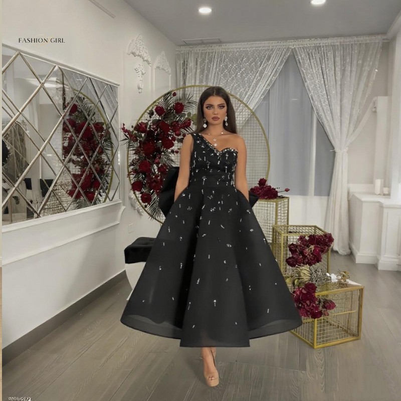 Preto espumante vestidos de baile um ombro a linha vestido de cocktail elegante arábia feminino arco formal ocasião vestido personalização