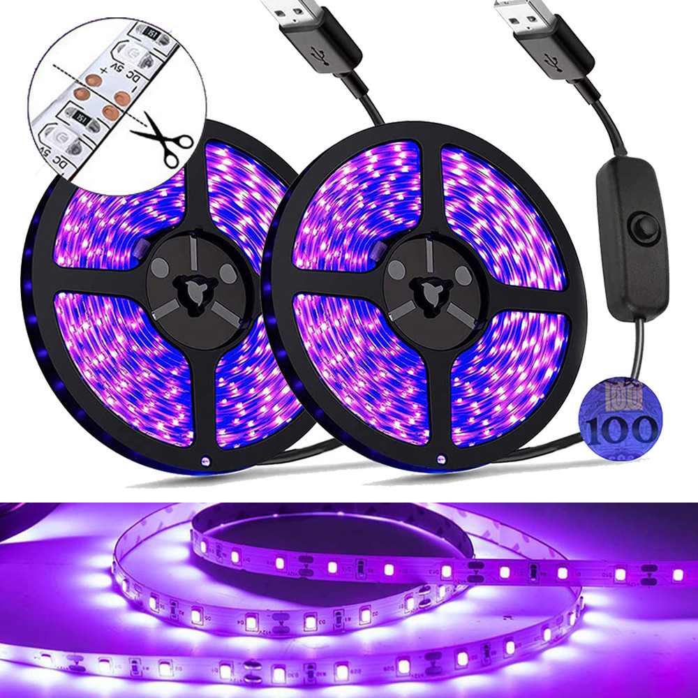 Tira de luces Led UV 5V luz UVA 395-405nm SMD2835 cinta de diodo LED de rayos ultravioleta lámpara de cinta púrpura USB con interruptor 60LEDs/m