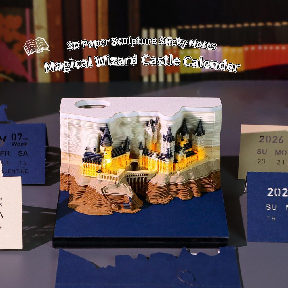 Calendário Semanal Castelo Mágico 2026 com Luzes, Bloco de Notas 3D em Papel Artesanal em Caixa de Acrílico, Planejador de Mesa com Design Decorativo de Luz LED