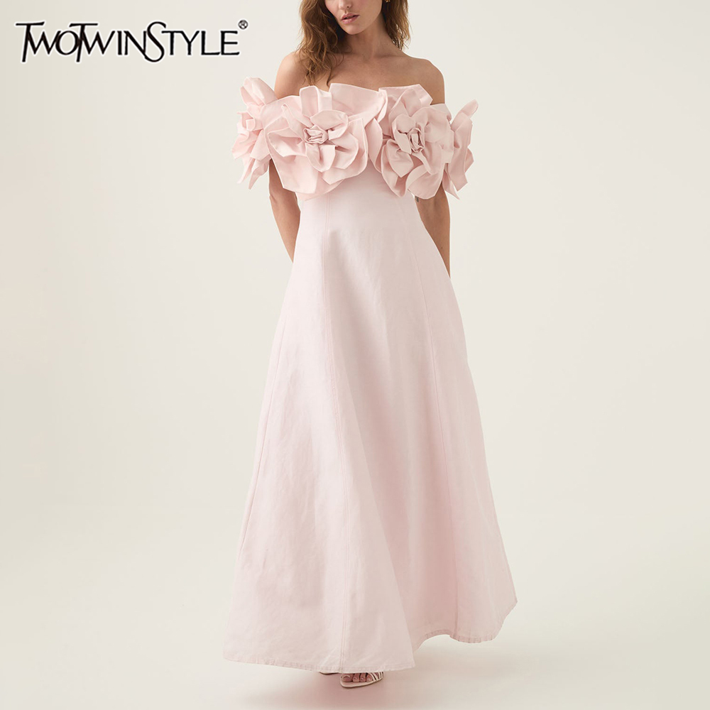 TWOTWINSTYLE Solide Mode Midi Kleider für Frauen Slash Neck Ärmellose Patchwork 3D Blume Tunika Kleid Weibliche Herbst Kleidung