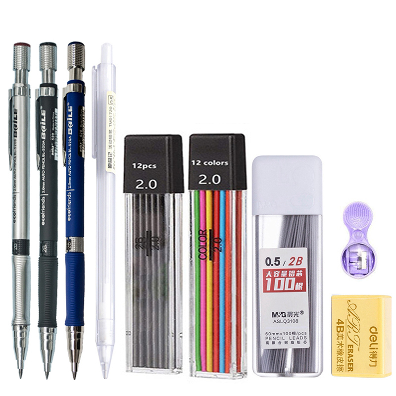 Jeu de crayons mécaniques 2.0mm avec 2B noir/couleurs, recharge pour écriture, croquis, Art, dessin, peinture, crayon automatique pour école