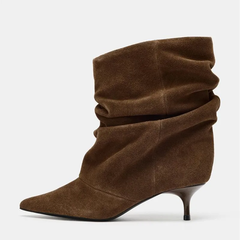 Aneikeh inverno estilo de rua apontou toe tornozelo botas femininas plissadas botas curtas feminino retro designer femmes botas de mujer