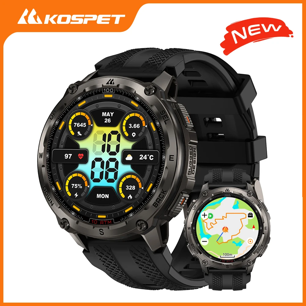 Smartwatch KOSPET Tank T4 dla mężczyzn, stal nierdzewna, 6-gwiazdkowy GPS, mapy offline, wodoodporność 100M, monitorowanie zdrowia 24/7 dla Androida i iOS