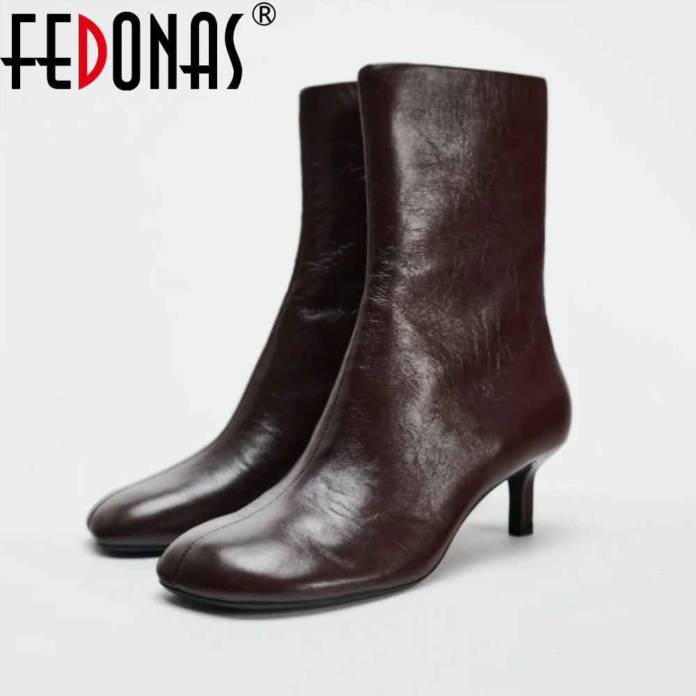 FEDONAS Fashion Women Genuine Leather Thin High Heels Warm Autumn Winter Ankle Boots Round Toe Short Elegant Short Boots Shoes