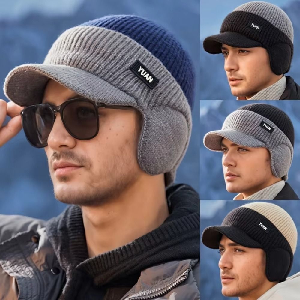 Boné de Beisebol de Tricô Térmico de Inverno com Proteção para as Orelhas, Corta-Vento, Unissex, para Esportes ao Ar Livre, Bonés de Casal, com Forro de Lã e Design Bicolor