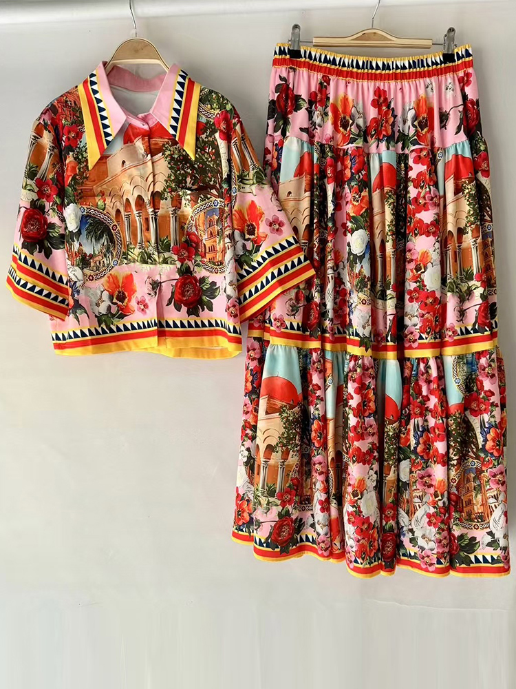 Retro letnia nowa jednorzędowa koszula z krótkim rękawem i nadrukiem z wysokim stanem i dużą spódnicą modny dwuczęściowy garnitur damski