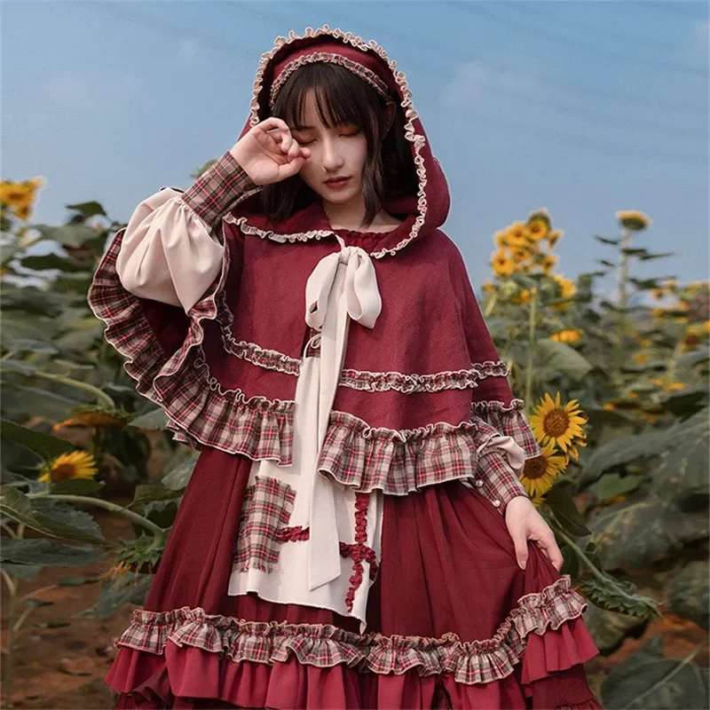 2025 HOT Zoete Meisje Lolita Vrouwen Jurk Vintage Patchwork Rode Jurken met Mantel Leuke Vrouwelijke Bing Cosplay Roodkapje